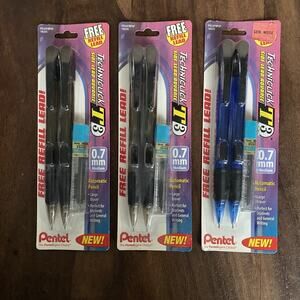 3 New Pentel Techniclick T3 Mechanical Pencils 0.7mm Black Blue 2 Packs w/ Lead